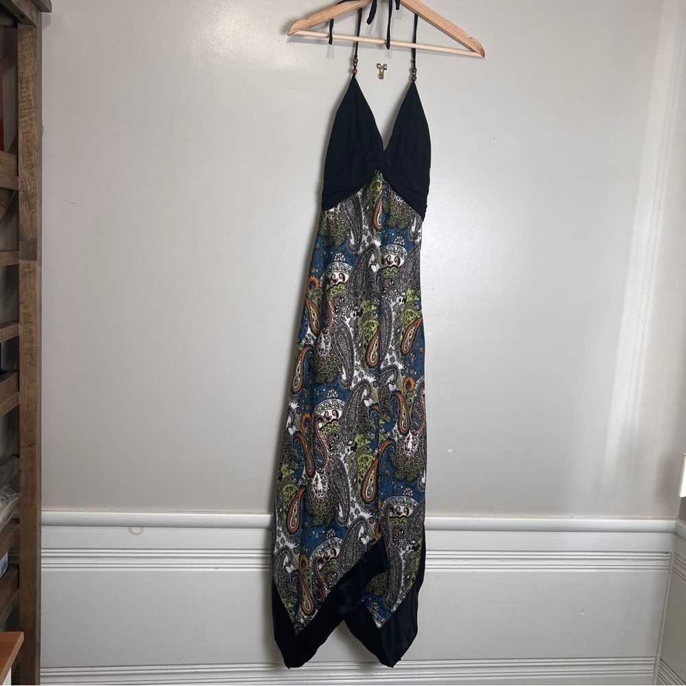 Speechless Asymmetrical Y2K Halter Dress Black & Multicolor Paisley Pattern S